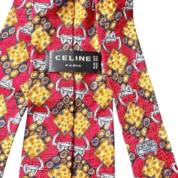 Celine Red & Gold Horse Bit 100% Silk Men’s Neck Tie - Picture 10 of 11